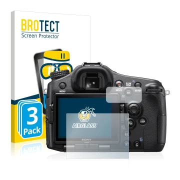 Face avant d’un emballage produit avec le logo de la marque BROTECT. À côté, l’appareil Sony Alpha 77 II (SLT-A77 II) est repr