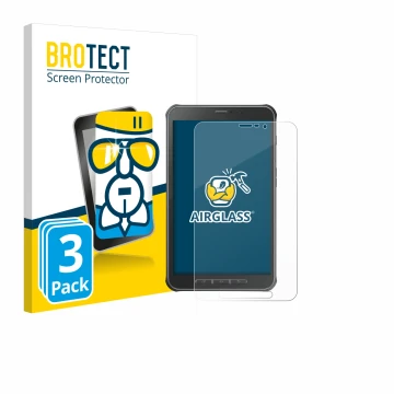 Face avant d’un emballage produit avec le logo de la marque BROTECT. À côté, l’appareil Samsung Galaxy Tab Active SM-T365 est 
