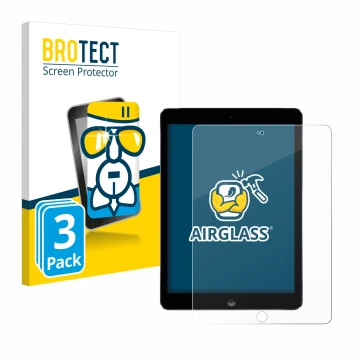 Face avant d’un emballage produit avec le logo de la marque BROTECT. À côté, l’appareil Apple iPad Air 2 2014 est représenté a