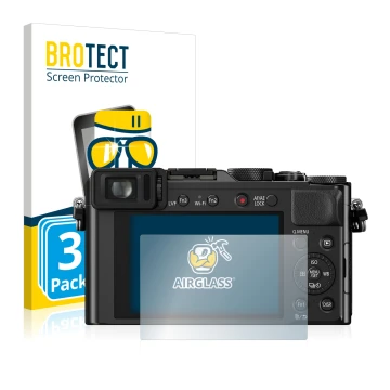 Face avant d’un emballage produit avec le logo de la marque BROTECT. À côté, l’appareil Panasonic Lumix DMC-LX100 est représen