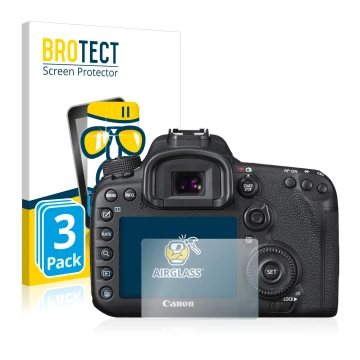 Face avant d’un emballage produit avec le logo de la marque BROTECT. À côté, l’appareil Canon EOS 7D Mark II est représenté av