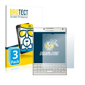 Face avant d’un emballage produit avec le logo de la marque BROTECT. À côté, l’appareil BlackBerry Passport est représenté ave