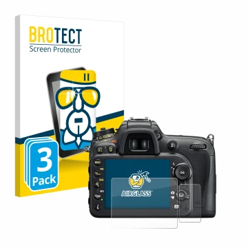 Face avant d’un emballage produit avec le logo de la marque BROTECT. À côté, l’appareil Nikon D7200 est représenté avec la pro