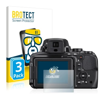 Face avant d’un emballage produit avec le logo de la marque BROTECT. À côté, l’appareil Nikon Coolpix P900 est représenté avec