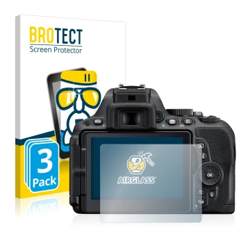 Face avant d’un emballage produit avec le logo de la marque BROTECT. À côté, l’appareil Nikon D5500 est représenté avec la pro