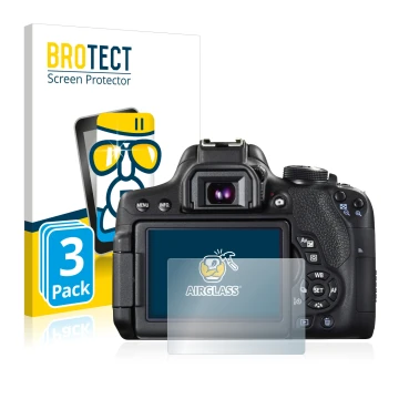 Face avant d’un emballage produit avec le logo de la marque BROTECT. À côté, l’appareil Canon EOS 750D est représenté avec la 