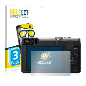 Face avant d’un emballage produit avec le logo de la marque BROTECT. À côté, l’appareil Panasonic Lumix DMC-TZ70 est représent