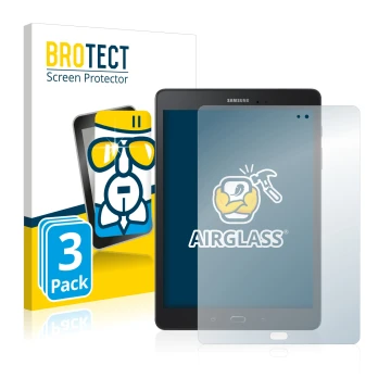 Face avant d’un emballage produit avec le logo de la marque BROTECT. À côté, l’appareil Samsung Galaxy Tab A 9.7 est représent