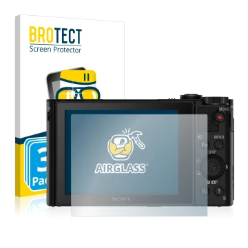 Face avant d’un emballage produit avec le logo de la marque BROTECT. À côté, l’appareil Sony Cyber-Shot DSC-HX90V est représen