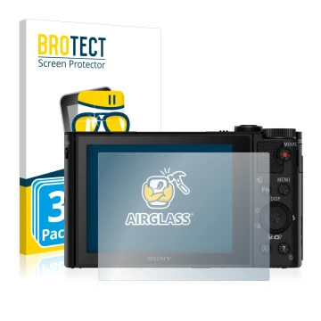 Face avant d’un emballage produit avec le logo de la marque BROTECT. À côté, l’appareil Sony Cyber-Shot DSC-WX500 est représen