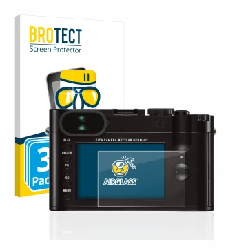 Face avant d’un emballage produit avec le logo de la marque BROTECT. À côté, l’appareil Leica Q (Typ 116) est représenté avec 