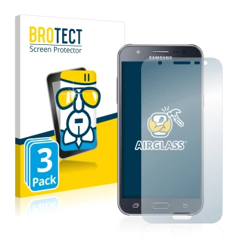 Face avant d’un emballage produit avec le logo de la marque BROTECT. À côté, l’appareil Samsung Galaxy J5 2015 est représenté 