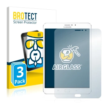 Face avant d’un emballage produit avec le logo de la marque BROTECT. À côté, l’appareil Samsung Galaxy Tab Tab S2 8.0 LTE est 