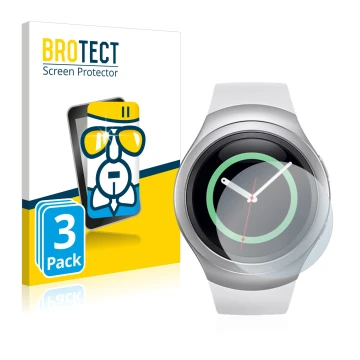 Face avant d’un emballage produit avec le logo de la marque BROTECT. À côté, l’appareil Samsung Gear S2 est représenté avec la