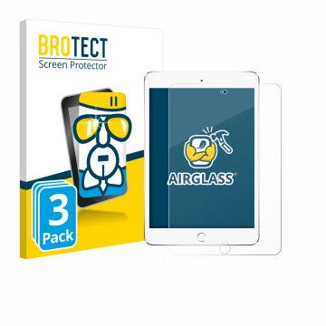 Face avant d’un emballage produit avec le logo de la marque BROTECT. À côté, l’appareil Apple iPad Mini 4 2015 est représenté 