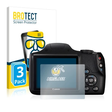 Face avant d’un emballage produit avec le logo de la marque BROTECT. À côté, l’appareil Canon PowerShot SX540 HS est représent