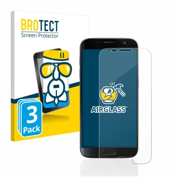 Face avant d’un emballage produit avec le logo de la marque BROTECT. À côté, l’appareil Samsung Galaxy S7 est représenté avec 