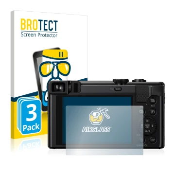 Face avant d’un emballage produit avec le logo de la marque BROTECT. À côté, l’appareil Panasonic Lumix DMC-TZ80 est représent