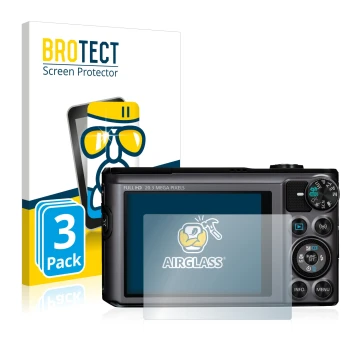 Face avant d’un emballage produit avec le logo de la marque BROTECT. À côté, l’appareil Canon PowerShot SX720 HS est représent