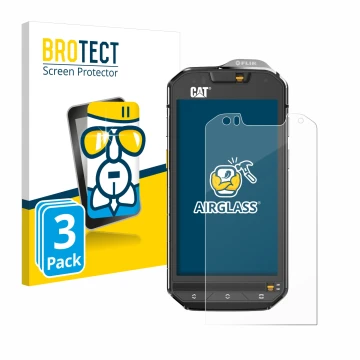 Face avant d’un emballage produit avec le logo de la marque BROTECT. À côté, l’appareil Caterpillar Cat S60 est représenté ave