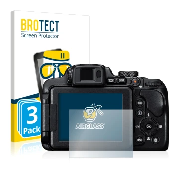 Face avant d’un emballage produit avec le logo de la marque BROTECT. À côté, l’appareil Nikon Coolpix B700 est représenté avec