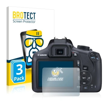 Face avant d’un emballage produit avec le logo de la marque BROTECT. À côté, l’appareil Canon EOS 1300D est représenté avec la