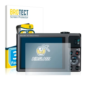 Face avant d’un emballage produit avec le logo de la marque BROTECT. À côté, l’appareil Canon PowerShot SX620 HS est représent