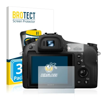Face avant d’un emballage produit avec le logo de la marque BROTECT. À côté, l’appareil Sony Cyber-Shot DSC-RX10 III est repré
