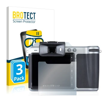 Face avant d’un emballage produit avec le logo de la marque BROTECT. À côté, l’appareil Hasselblad X1D-50c est représenté avec