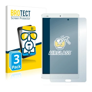 Face avant d’un emballage produit avec le logo de la marque BROTECT. À côté, l’appareil Huawei MediaPad M3 8.4 est représenté 