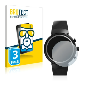 Face avant d’un emballage produit avec le logo de la marque BROTECT. À côté, l’appareil ASUS ZenWatch 3 1.39