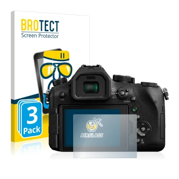 Face avant d’un emballage produit avec le logo de la marque BROTECT. À côté, l’appareil Panasonic Lumix DMC-FZ2000 est représe