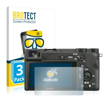 Face avant d’un emballage produit avec le logo de la marque BROTECT. À côté, l’appareil Sony Alpha 6500 est représenté avec la