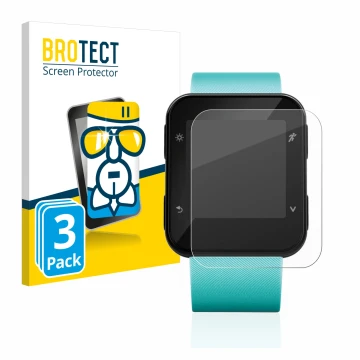 Face avant d’un emballage produit avec le logo de la marque BROTECT. À côté, l’appareil Garmin Forerunner 35 est représenté av