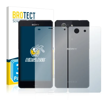 Face avant d’un emballage produit avec le logo de la marque BROTECT. À côté, l’appareil Sony Xperia Z3 Compact D5803 (Avant+Ar