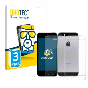 Face avant d’un emballage produit avec le logo de la marque BROTECT. À côté, l’appareil Apple iPhone SE 2016 (Avant+Arrière) e