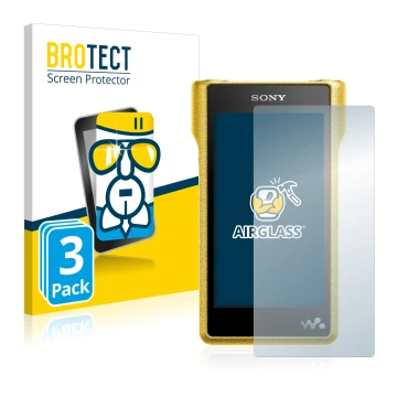 Face avant d’un emballage produit avec le logo de la marque BROTECT. À côté, l’appareil Sony Walkman NW-WM1A est représenté av