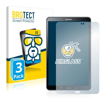Face avant d’un emballage produit avec le logo de la marque BROTECT. À côté, l’appareil Samsung Galaxy Tab A 10.1 2016 est rep