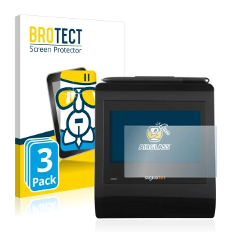 Face avant d’un emballage produit avec le logo de la marque BROTECT. À côté, l’appareil Signotec Signature Pad Gamma est repré