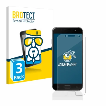 Face avant d’un emballage produit avec le logo de la marque BROTECT. À côté, l’appareil Samsung Galaxy A3 2017 est représenté 