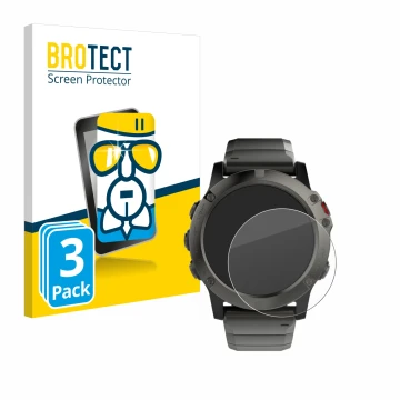 Face avant d’un emballage produit avec le logo de la marque BROTECT. À côté, l’appareil Garmin Fenix 5X (51 mm) est représenté