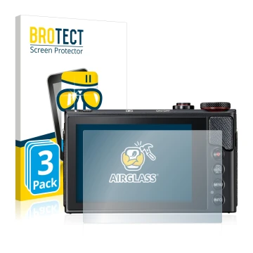Face avant d’un emballage produit avec le logo de la marque BROTECT. À côté, l’appareil Canon PowerShot G9 X Mark II est repré