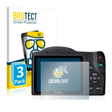 Face avant d’un emballage produit avec le logo de la marque BROTECT. À côté, l’appareil Canon PowerShot SX430 IS est représent