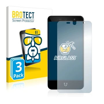 Face avant d’un emballage produit avec le logo de la marque BROTECT. À côté, l’appareil Wileyfox Swift 2X est représenté avec 