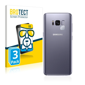 Face avant d’un emballage produit avec le logo de la marque BROTECT. À côté, l’appareil Samsung Galaxy S8 (Caméra UNIQUEMENT) 