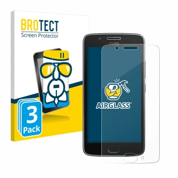 Face avant d’un emballage produit avec le logo de la marque BROTECT. À côté, l’appareil Motorola Moto G5 est représenté avec l