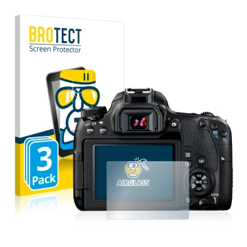 Face avant d’un emballage produit avec le logo de la marque BROTECT. À côté, l’appareil Canon EOS 77D est représenté avec la p