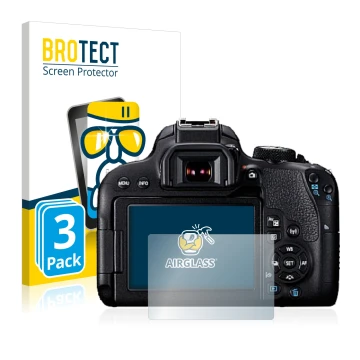 Face avant d’un emballage produit avec le logo de la marque BROTECT. À côté, l’appareil Canon EOS 800D est représenté avec la 