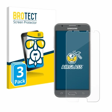 Face avant d’un emballage produit avec le logo de la marque BROTECT. À côté, l’appareil Samsung Galaxy J3 2017 est représenté 