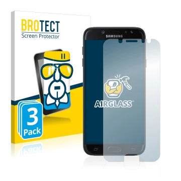 Face avant d’un emballage produit avec le logo de la marque BROTECT. À côté, l’appareil Samsung Galaxy J7 2017 est représenté 